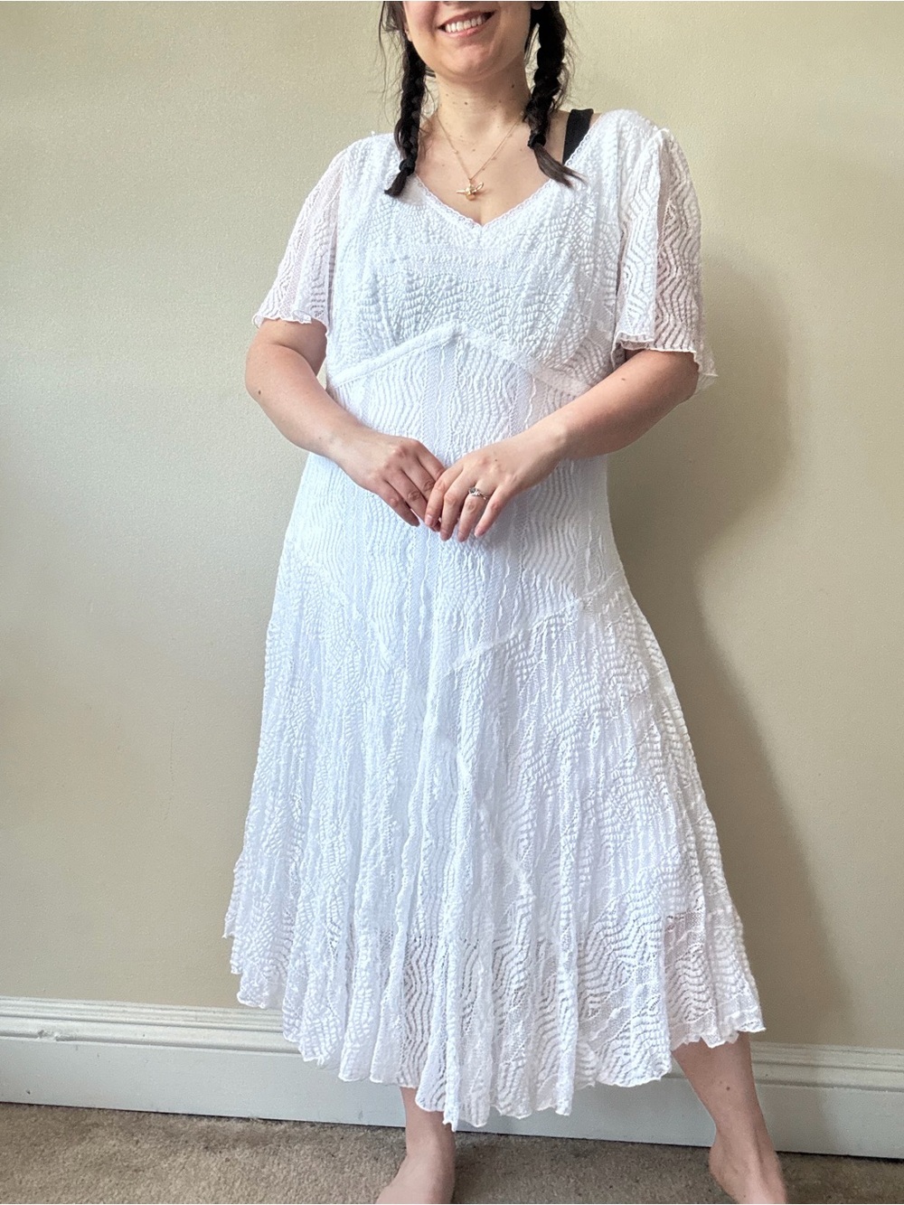 Rabbit Rabbit Rabbit White Textured Midi Dress with V-Neck